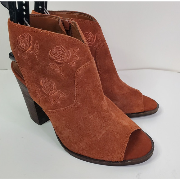 Lucky Brand Women's S 9M Listana Suede Embroidered Peep Toe Burnt Orange Booties - Picture 2 of 14